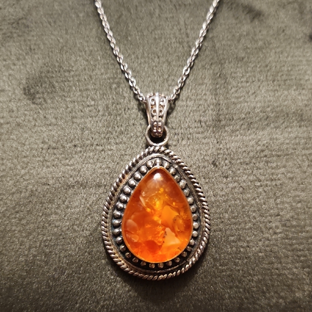Karis Silver and Amber Pendant Necklace